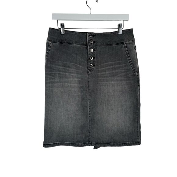 Prana Aubrey Denim Skirt Grey Charcoal Wash Modest Button Fly Womens 10 - Picture 1 of 7